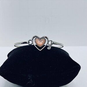 Silver Tone Bangle Bracelet With Pink Heart & Small Charm Detail (5790)